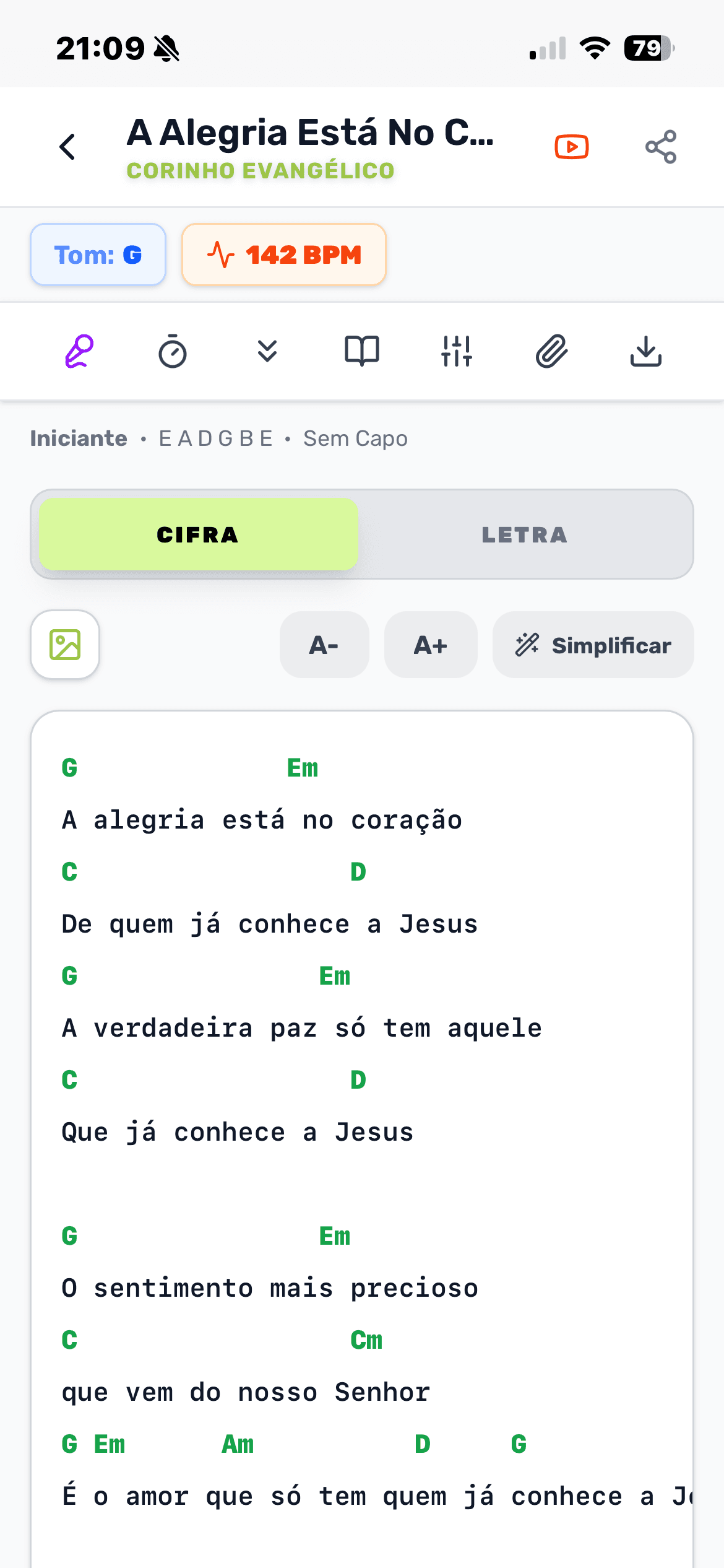 A tela da música, com a barra de ferramentas.