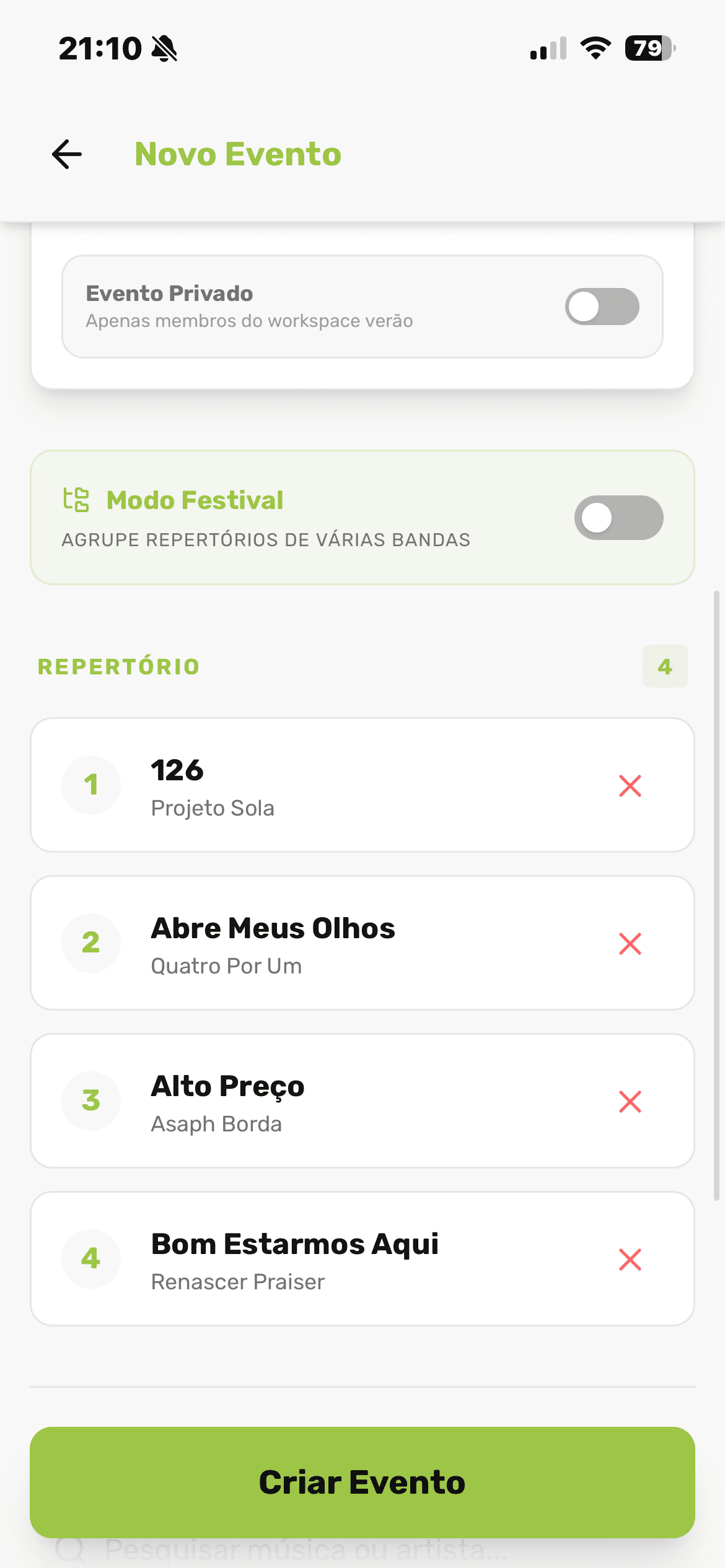 Criação de evento com repertório.