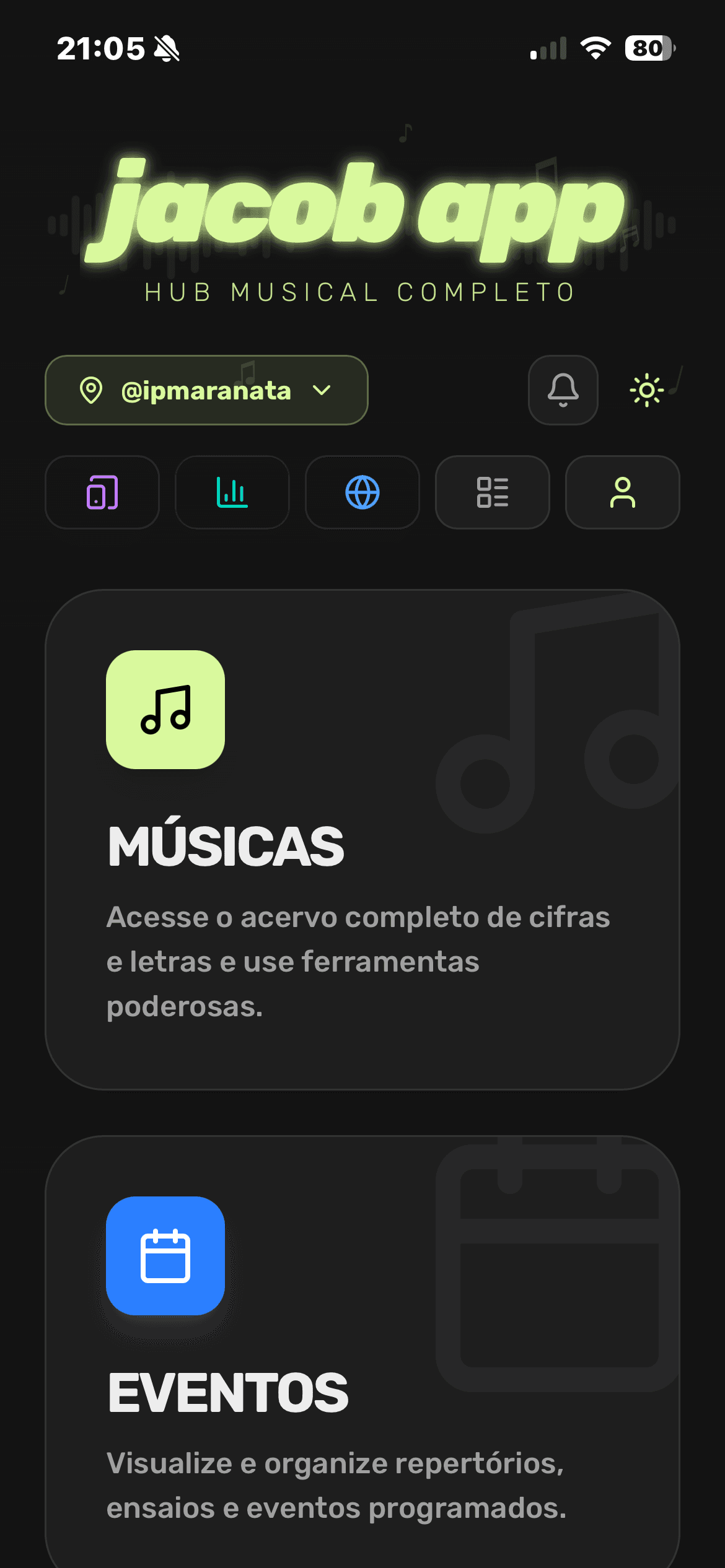 A tela inicial, com os módulos do app.