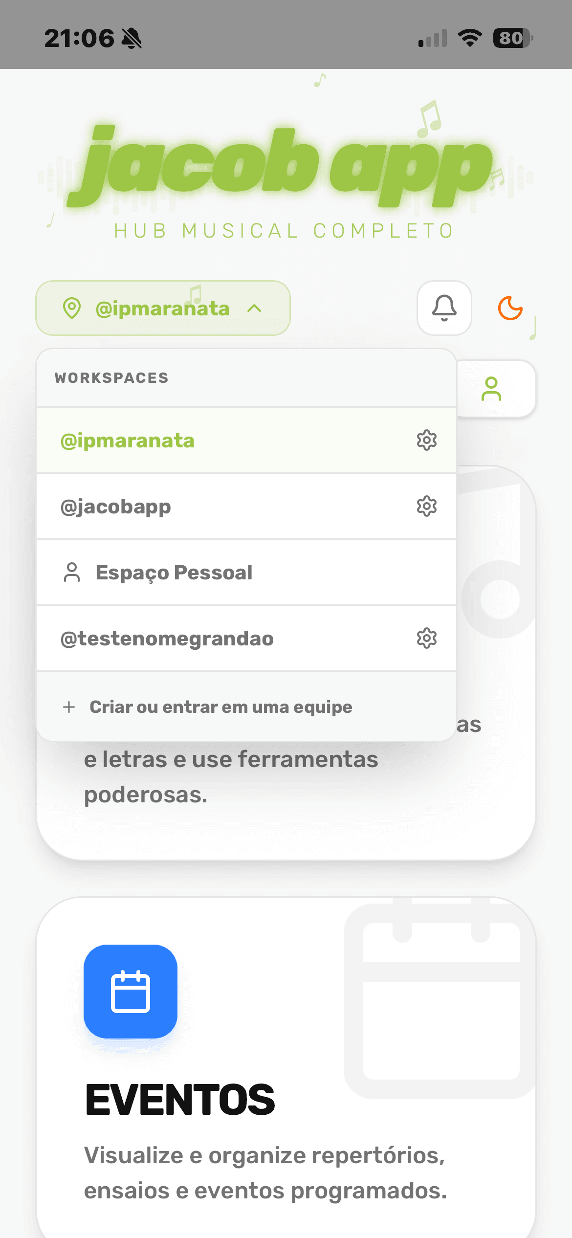 O seletor de espaços, no topo da tela inicial.