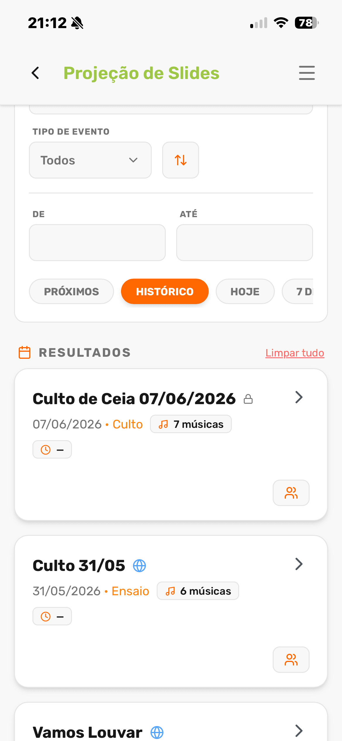 Escolha do evento para projeção.